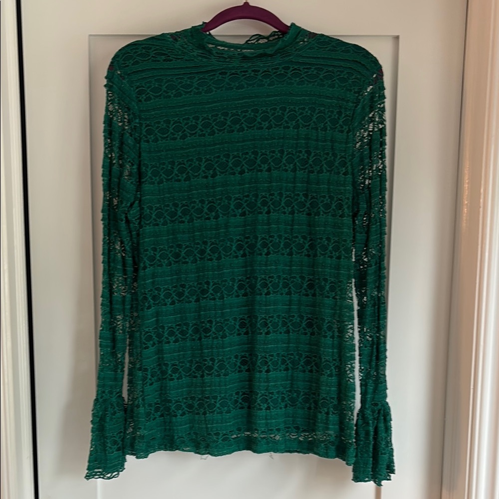Worthington Emerald Green Ribbed Bell Sleeve Blouse